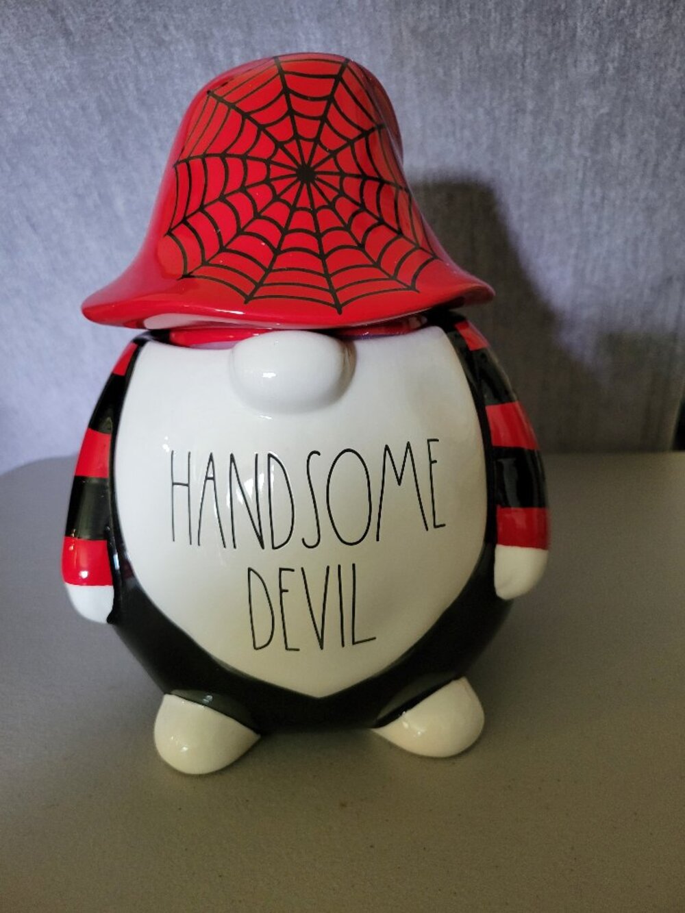 Rae Dunn Handsome Devil Gnome Ceramic Canister Black & Red Cookie Jar NEW
